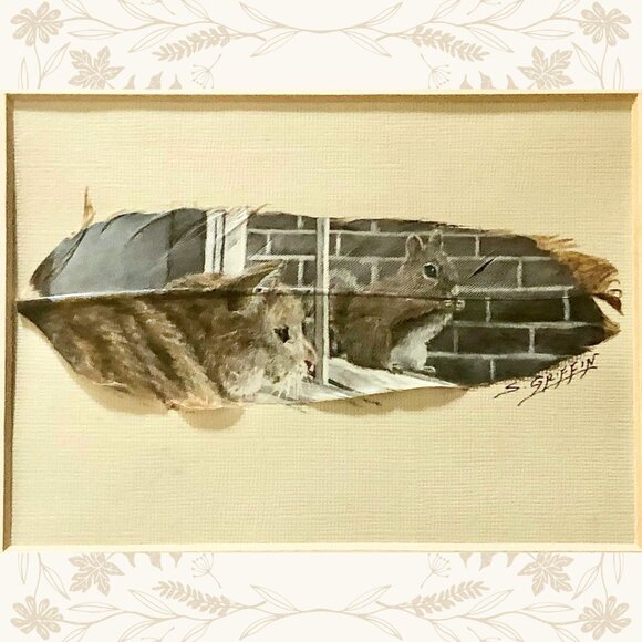 Original Shirley Griffin Feather Art – Cat & Squirrel Scene - Picture 3 of 4